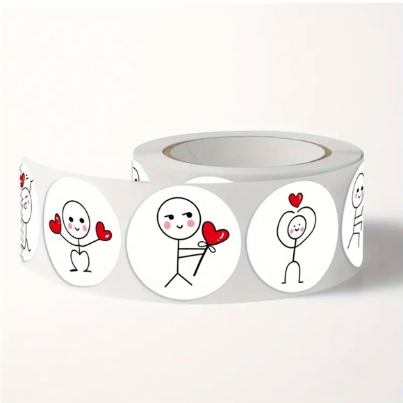 (44) Roll of 500 Whimsical Cartoon Stick Man with Heart Stickers (3/4” diam) - Picture 5 of 6